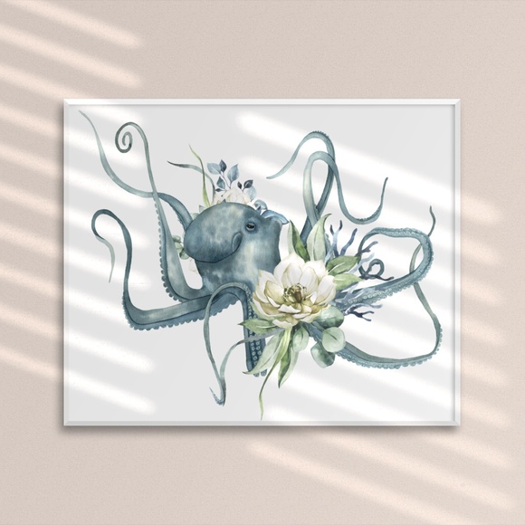 Watercolor Floral Octopus Wall Art Illustration Print Poster Card Unframed - Picture 2 of 7